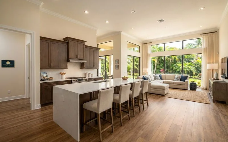 Beautiful open concept kitchen with island seating connected to living area with consistent flooring throughout