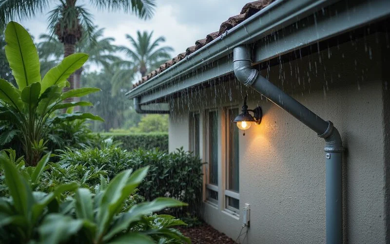 Complete gutter and downspout drainage system directing heavy Miami rainfall away from home foundation landscaping