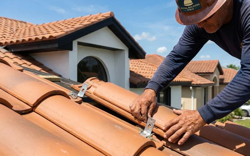 Concrete tile roof installation on Miami home showing hurricane rated materials and professional craftsmanship