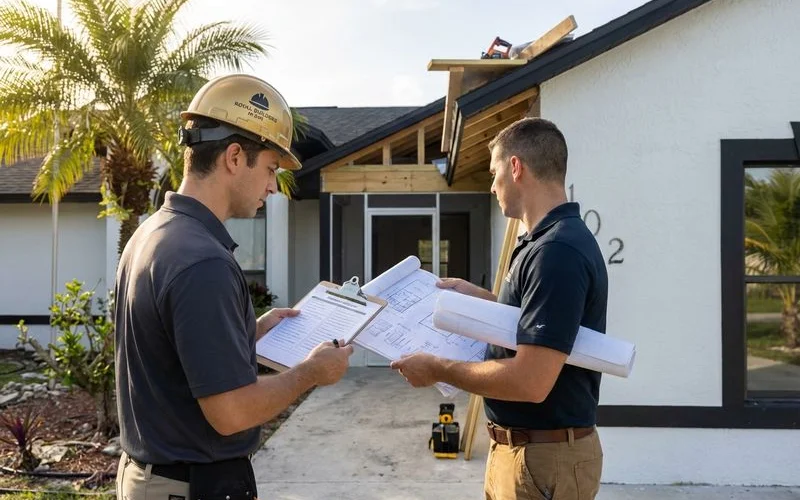 Construction inspector reviewing building permits and approved plans at a Miami residential job site