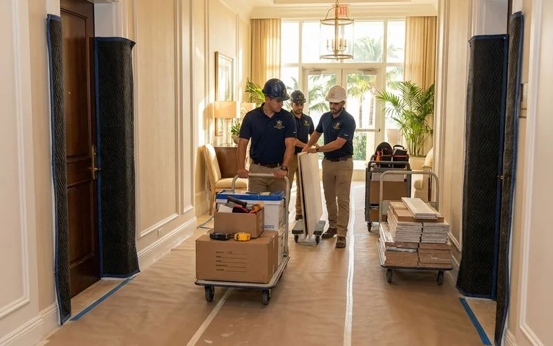 Professional contractor team preparing materials in a Miami condo building lobby with protective floor coverings