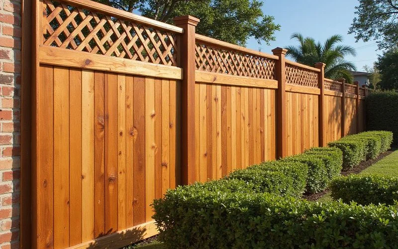 Custom wood privacy fence with decorative lattice top installed along a Miami residential property boundary