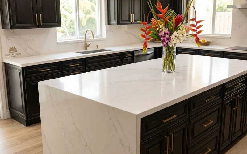 Elegant quartz countertop installation in modern Miami kitchen showing consistent color and smooth finish