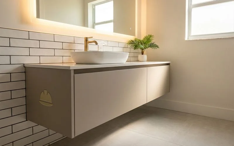 Floating wall-mounted vanity in compact Miami bathroom creating open floor space and modern aesthetic design