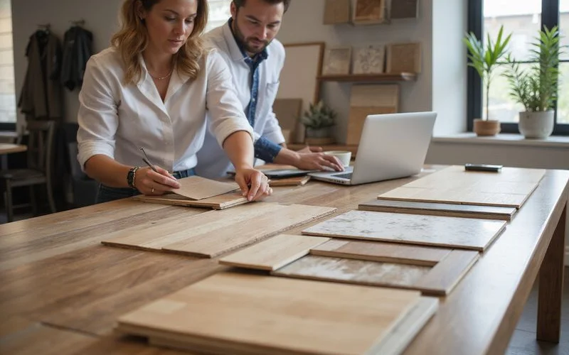 Flooring material samples including engineered hardwood luxury vinyl plank and porcelain tile displayed for client selection consultation