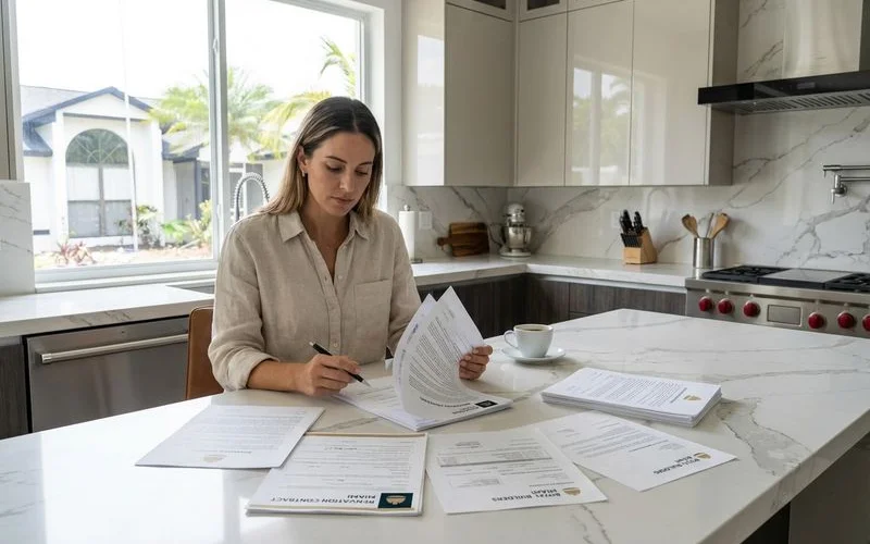 Homeowner reviewing contractor license and insurance documents before signing a renovation contract