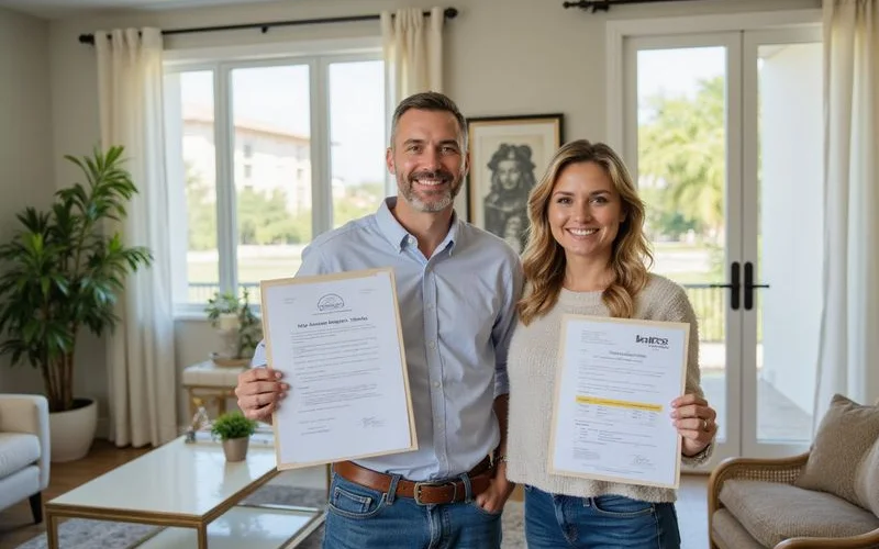 Homeowner reviewing insurance documents after impact window installation with visible new windows in background