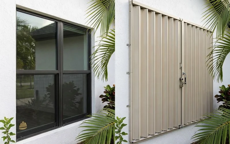 Side-by-side comparison of impact windows and accordion hurricane shutters on a Miami home