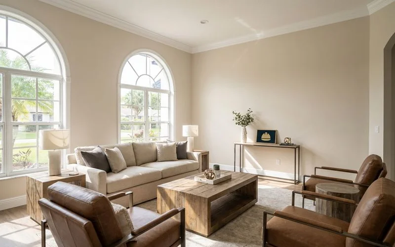 Interior residential painting project showing a living room with fresh neutral paint and clean crisp trim lines in a Miami home