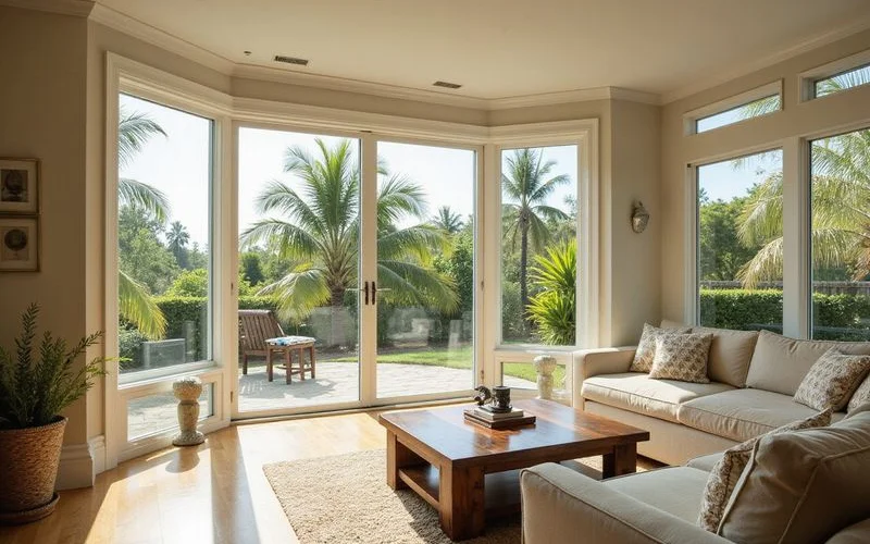 Interior view of a Miami home with newly installed impact windows showing clear views and natural light with energy efficient glass