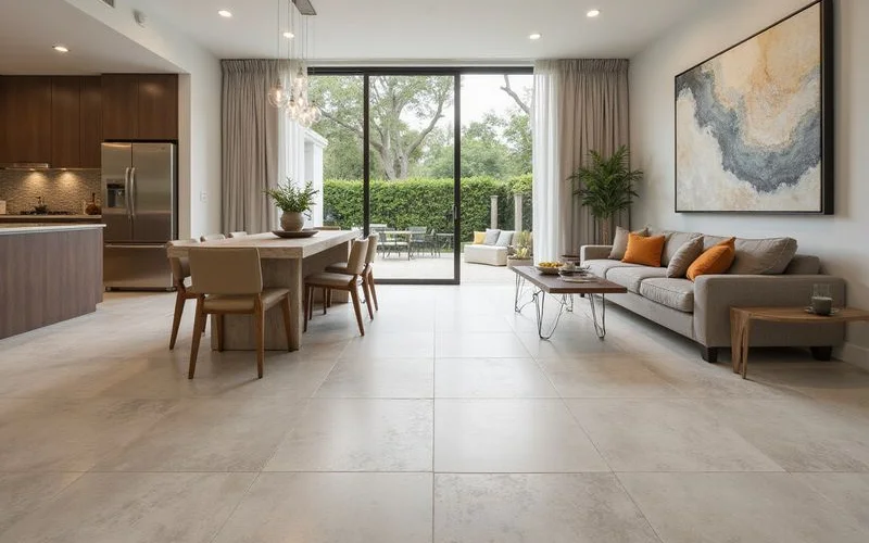 Large format porcelain tile being expertly installed in an open concept living space with seamless transitions in a Miami home