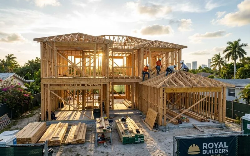 Luxury custom home under construction in Miami showing structural framework and quality craftsmanship standards