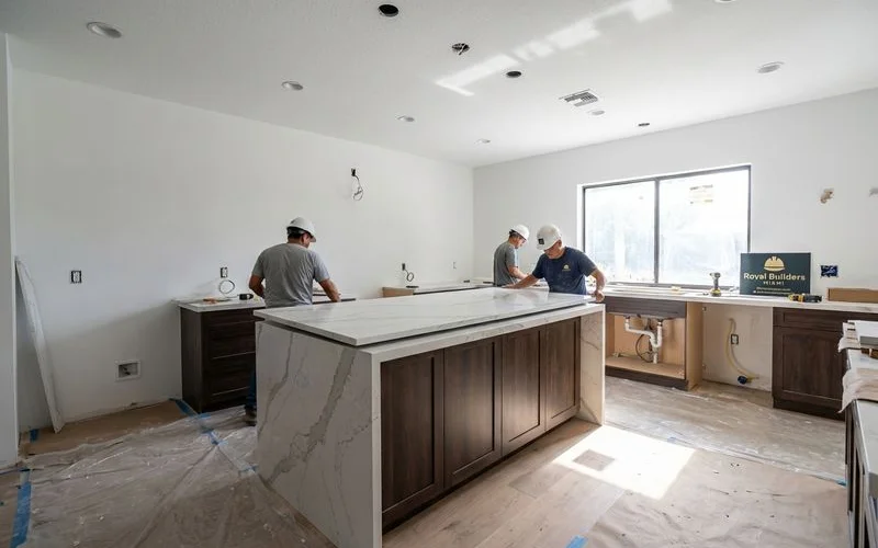Luxury kitchen renovation in progress with custom island and premium quartz countertops being installed in a Miami residence