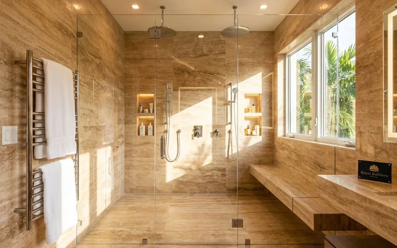 Luxury master bathroom renovation featuring a frameless glass walk-in shower with rainfall showerhead and natural stone tile in Miami
