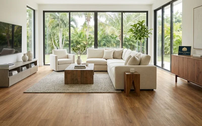 Modern Miami living room showcasing luxury vinyl plank flooring in a warm oak tone with contemporary furnishings