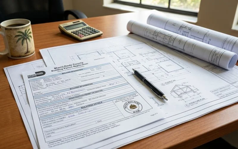 Miami-Dade County building department permit application documents and construction blueprints on a desk