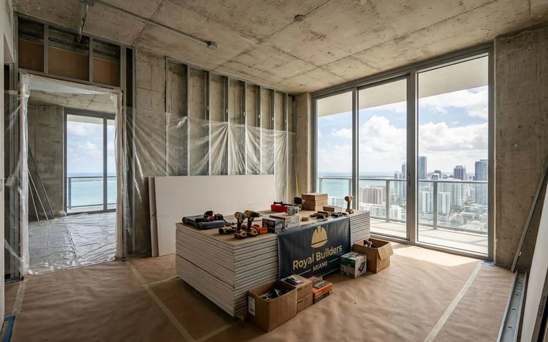 Interior of a Miami luxury condo under renovation showing exposed walls and construction staging in a high-rise unit