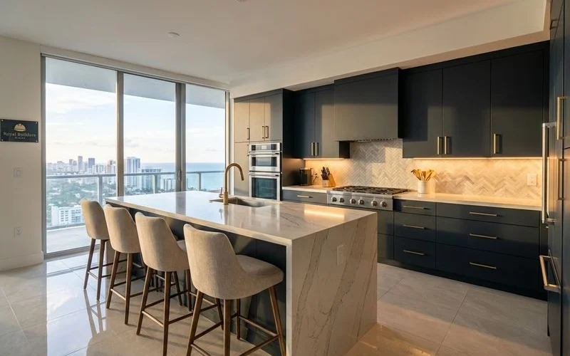 Modern condo kitchen renovation with waterfall quartz island and integrated appliances overlooking Miami skyline views