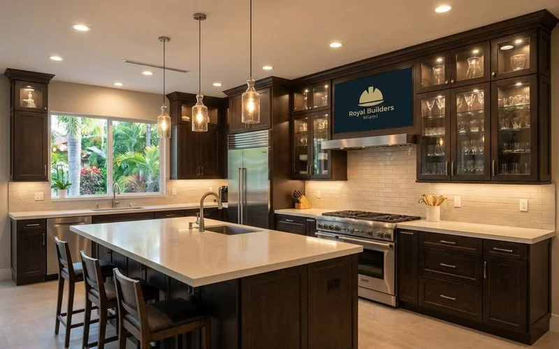 Modern kitchen with layered lighting design showing recessed task and accent illumination throughout space