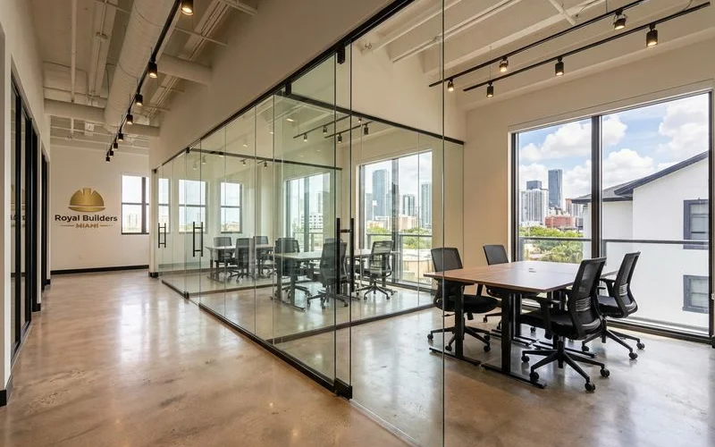 Modern open concept office build-out with glass partition conference rooms and collaborative workspace areas in Miami