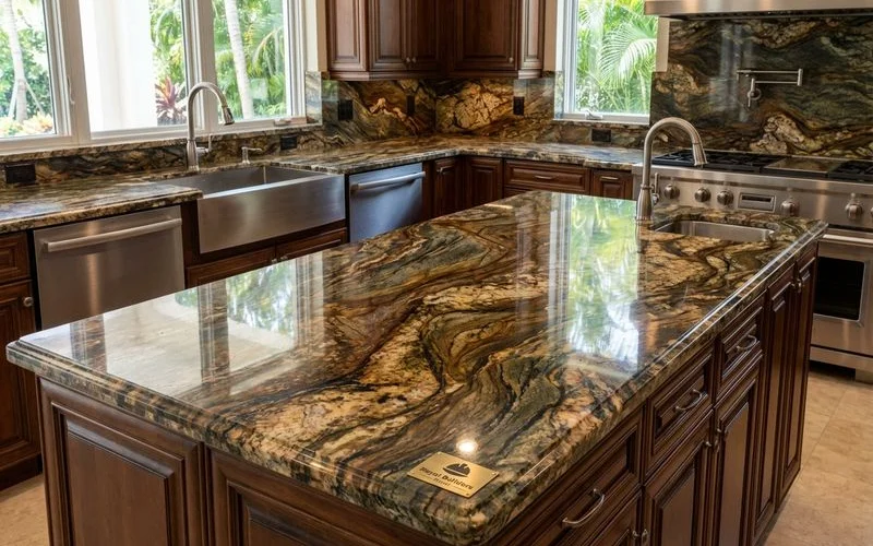 Natural granite countertop with unique veining pattern installed in luxury Miami kitchen renovation project