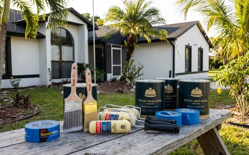 Premium exterior paint cans and application tools laid out for a Miami home painting project