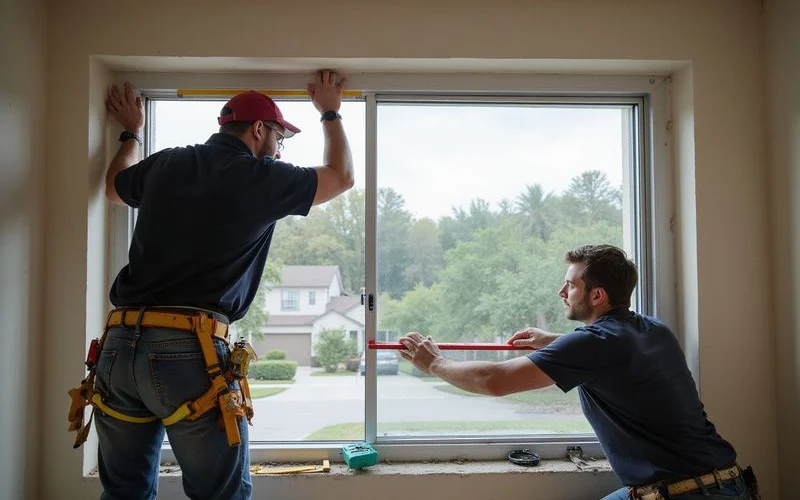 Professional installation of impact windows in a Miami home with installers measuring and securing frames
