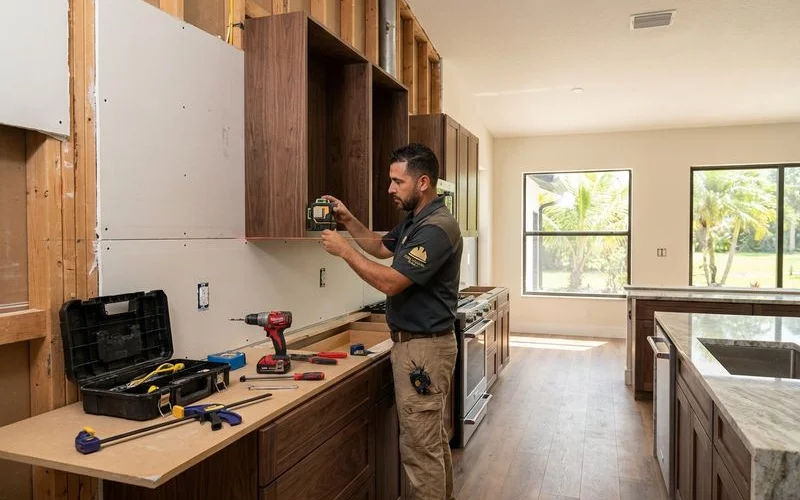 Professional kitchen renovation in progress showing skilled craftsmanship and quality materials installation