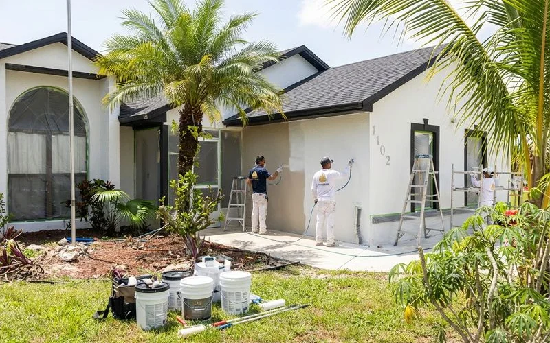 Professional painters applying premium exterior paint to a South Florida stucco home with careful masking and surface preparation