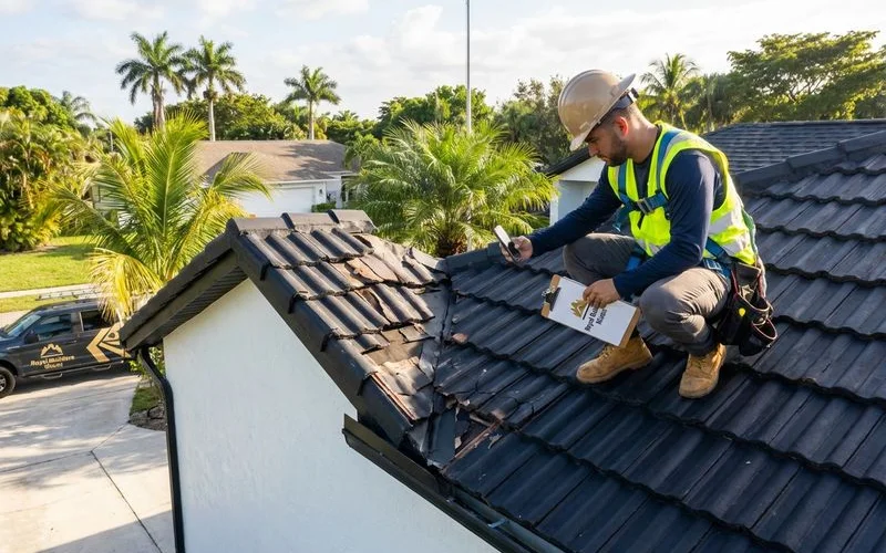 Professional roofing contractor inspecting hurricane damage on Miami home for insurance claim documentation