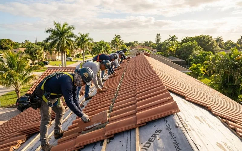 Professional roofing crew installing hurricane-rated concrete barrel tile on a residential home in the Miami-Dade county area