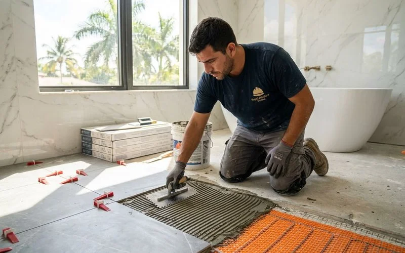 Professional tile installer setting large format porcelain tiles in a luxury bathroom remodel with heated floor system underneath