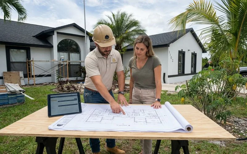 Royal Builders project manager reviewing construction plans with homeowner on site during Miami renovation project