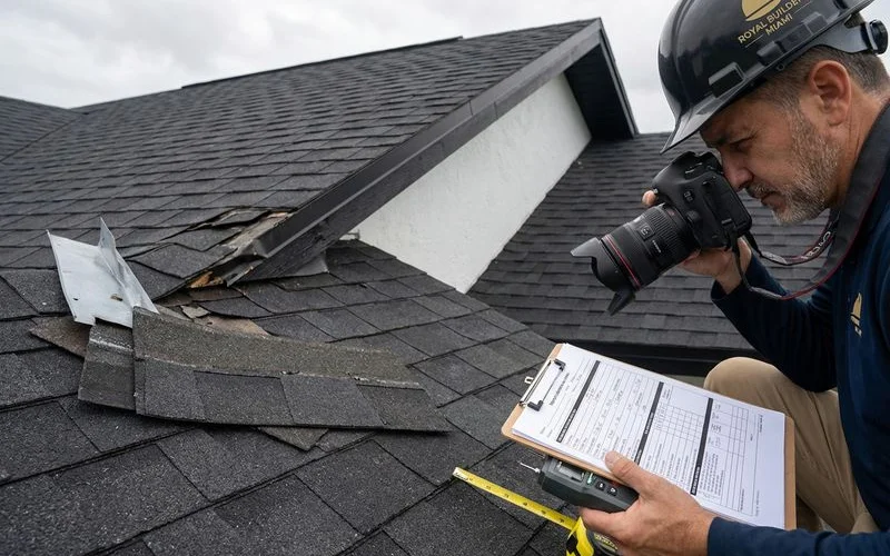 Roofing inspector documenting storm damage on a residential roof with detailed photography for insurance claim filing in South Florida