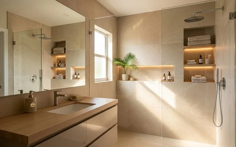 Small bathroom with recessed storage niches large format tiles and strategic mirror placement maximizing space