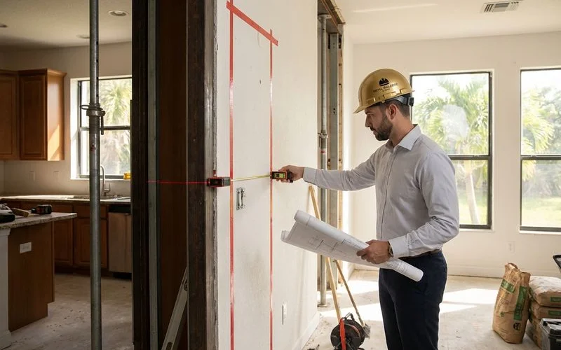 Structural engineer evaluating load-bearing wall in Miami home before open concept kitchen renovation begins